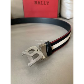 Bally Calf Leather Stripe Silver B Buckle 34mm Belt Black