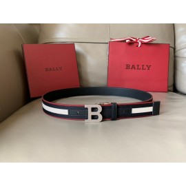Bally Calf Leather Stripe Silver B Buckle 34mm Belt Black