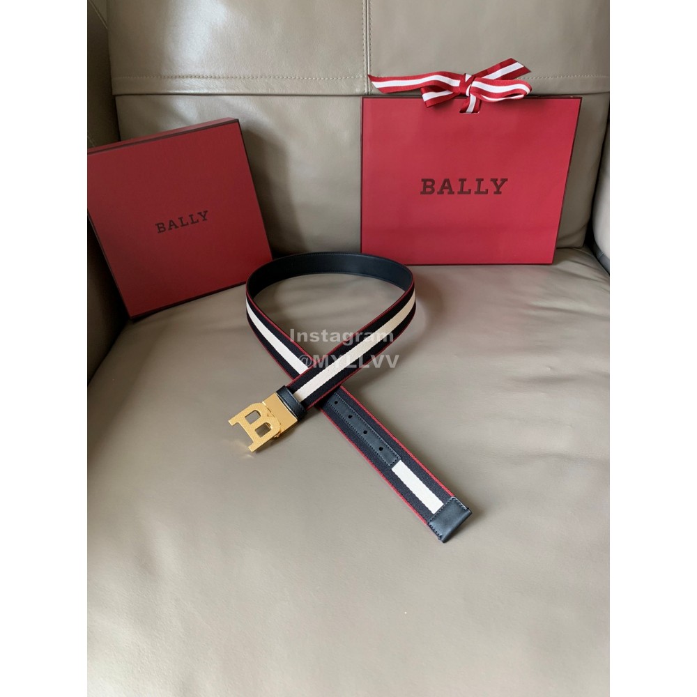 Bally Calf Leather Stripe Gold B Buckle 34mm Belt Black