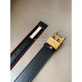 Bally Calf Leather Stripe Gold B Buckle 34mm Belt Black