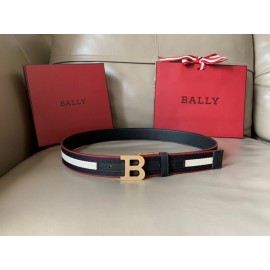 Bally Calf Leather Stripe Gold B Buckle 34mm Belt Black