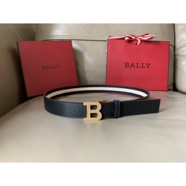 Bally Calf Leather Stripe Gold B Buckle 34mm Belt Black