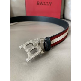 Bally Calf Leather Stripe Silver B Buckle 34mm Belt Red