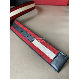 Bally Calf Leather Stripe Silver B Buckle 34mm Belt Red
