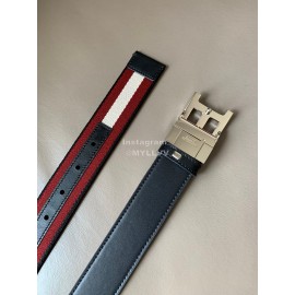 Bally Calf Leather Stripe Silver B Buckle 34mm Belt Red
