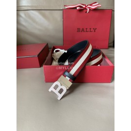 Bally Calf Leather Stripe Silver B Buckle 34mm Belt Red