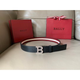 Bally Calf Leather Stripe Silver B Buckle 34mm Belt Red