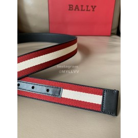 Bally Calf Leather Stripe Gold B Buckle 34mm Belt Red