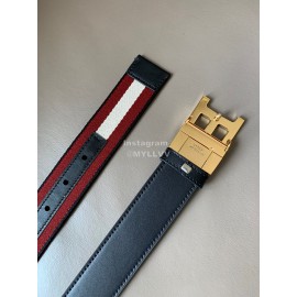 Bally Calf Leather Stripe Gold B Buckle 34mm Belt Red
