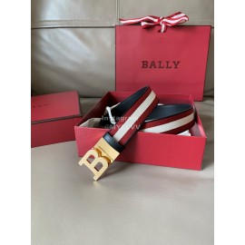 Bally Calf Leather Stripe Gold B Buckle 34mm Belt Red