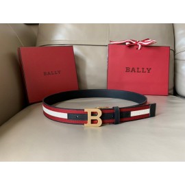 Bally Calf Leather Stripe Gold B Buckle 34mm Belt Red