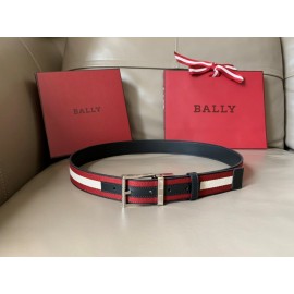 Bally Calf Leather Stripe Silver Pin Buckle 34mm Red Belt 