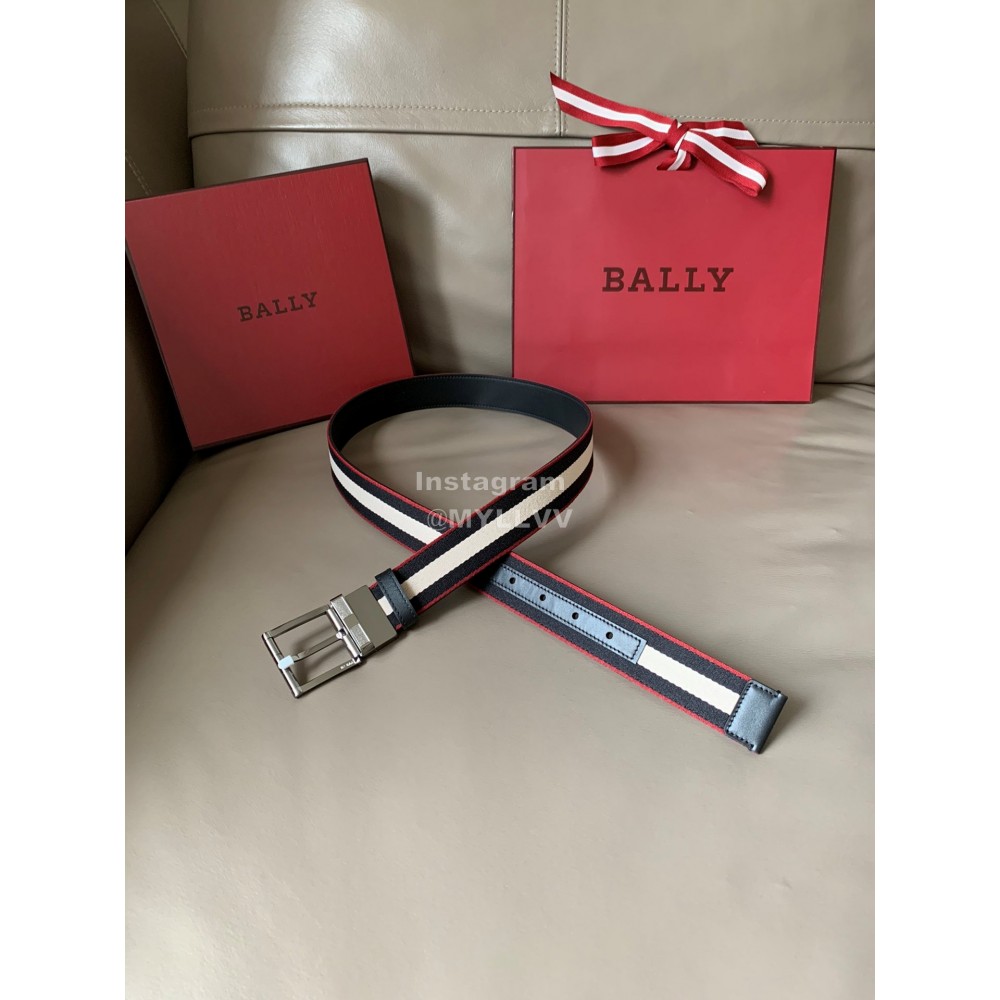 Bally Calf Leather Stripe Silver Pin Buckle 34mm Belt Black