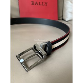 Bally Calf Leather Stripe Silver Pin Buckle 34mm Belt Black