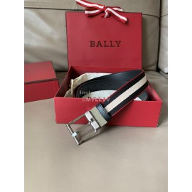 Bally Calf Leather Stripe Silver Pin Buckle 34mm Belt Black