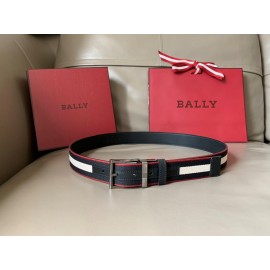 Bally Calf Leather Stripe Silver Pin Buckle 34mm Belt Black