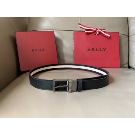 Bally Calf Leather Stripe Silver Pin Buckle 34mm Belt Black