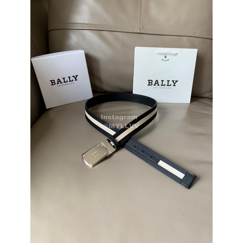 Bally Canvas Calf Leather Stripe 34mm Leisure Belt Black