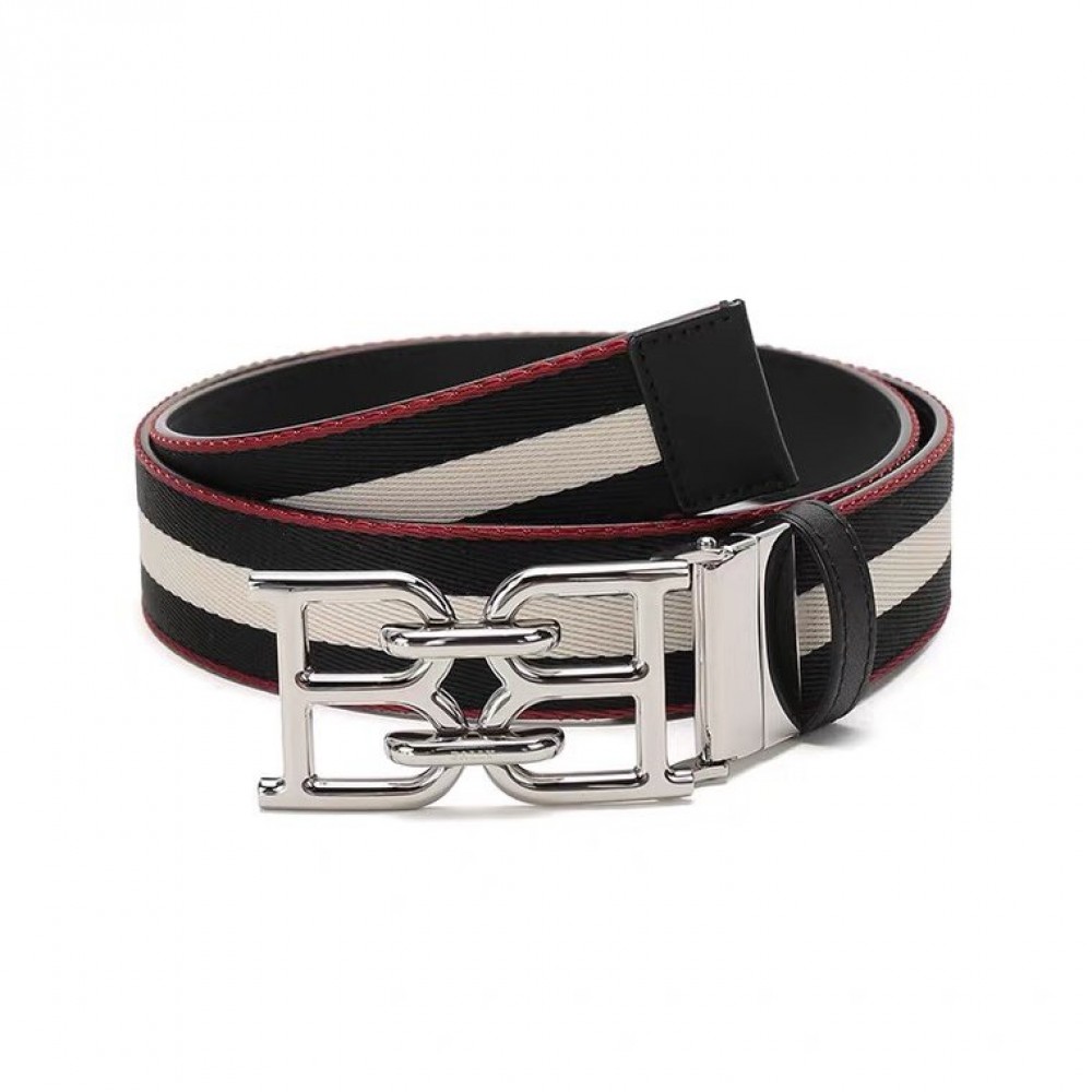 Bally Calf Leather Canvas Stripe Double B-Shaped Buckle 34mm Belt