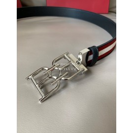 Bally Calf Leather Canvas Stripe Double B-Shaped Buckle 34mm Belt Red