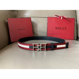 Bally Calf Leather Canvas Stripe Double B-Shaped Buckle 34mm Belt Red