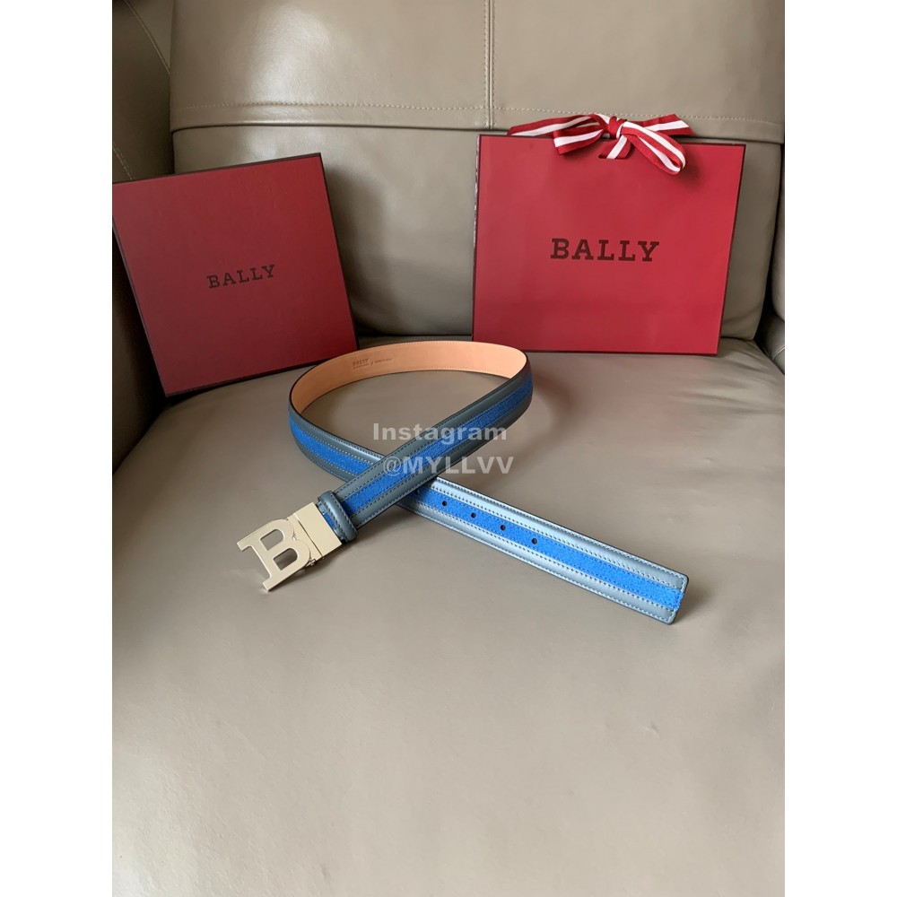 Bally New Calf Leather Stripe B Buckle 34mm Belt Blue