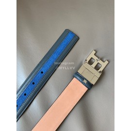 Bally New Calf Leather Stripe B Buckle 34mm Belt Blue