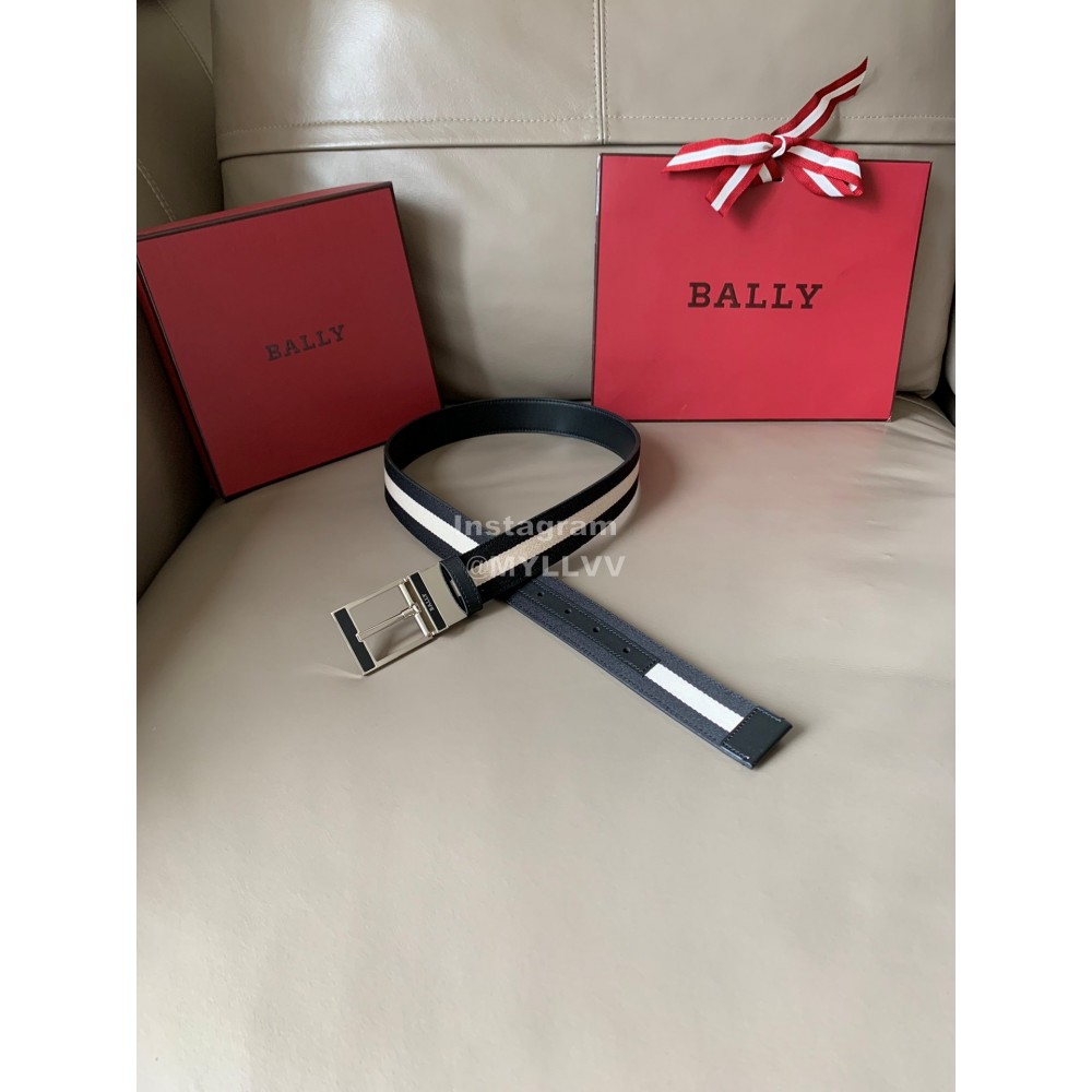 Bally Calf Leather Stripe Silver Pin Buckle 34mm Belt Gray