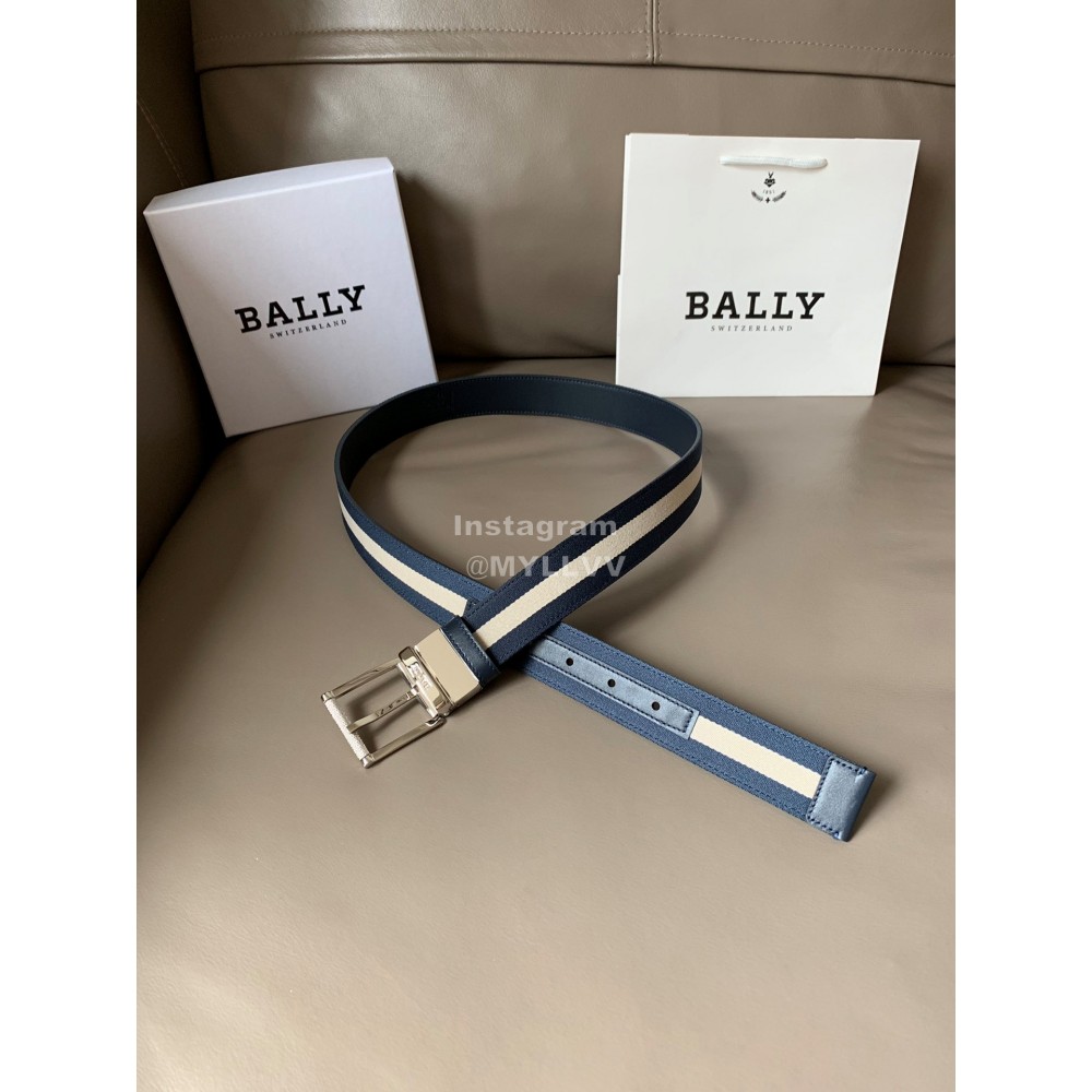 Bally Calf Leather Stripe Silver Pin Buckle 34mm Belt For Men Blue