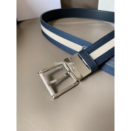 Bally Calf Leather Stripe Silver Pin Buckle 34mm Belt For Men Blue