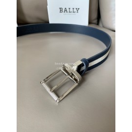 Bally Calf Leather Stripe Silver Pin Buckle 34mm Belt For Men Blue