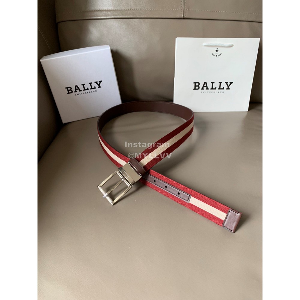 Bally Calf Leather Stripe Silver Pin Buckle 34mm Belt For Men Red