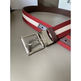 Bally Calf Leather Stripe Silver Pin Buckle 34mm Belt For Men Red