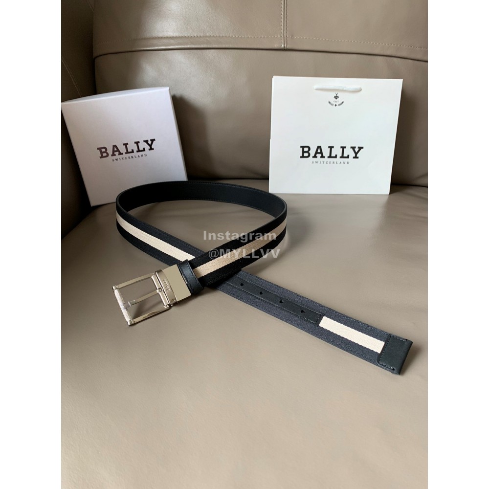 Bally Calf Leather Stripe Silver Pin Buckle 34mm Belt For Men Gray
