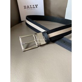Bally Calf Leather Stripe Silver Pin Buckle 34mm Belt For Men Gray