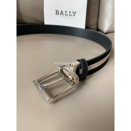 Bally Calf Leather Stripe Silver Pin Buckle 34mm Belt For Men Gray