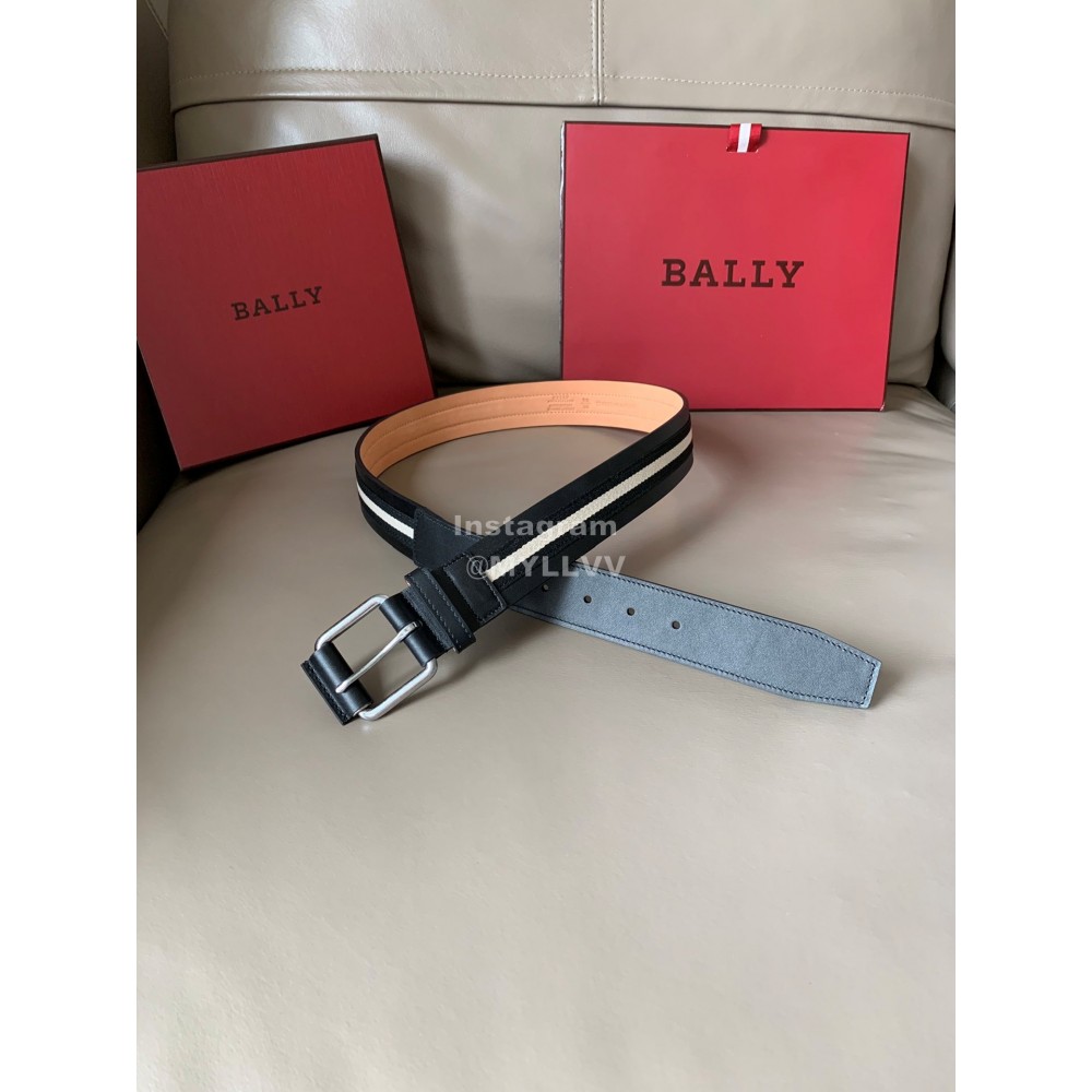 Bally Calf Leather Stripe Vintage Gold Pin Buckle 40mm Belt For Men Black