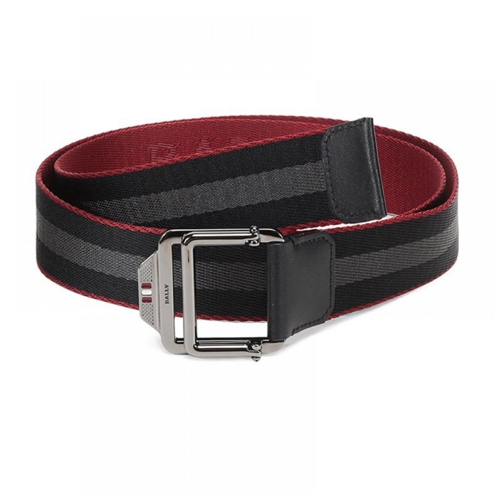 Bally Calf Leather Textile Stripe Silver Buckle 35mm Belt Black