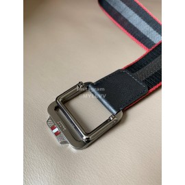 Bally Calf Leather Textile Stripe Silver Buckle 35mm Belt Black