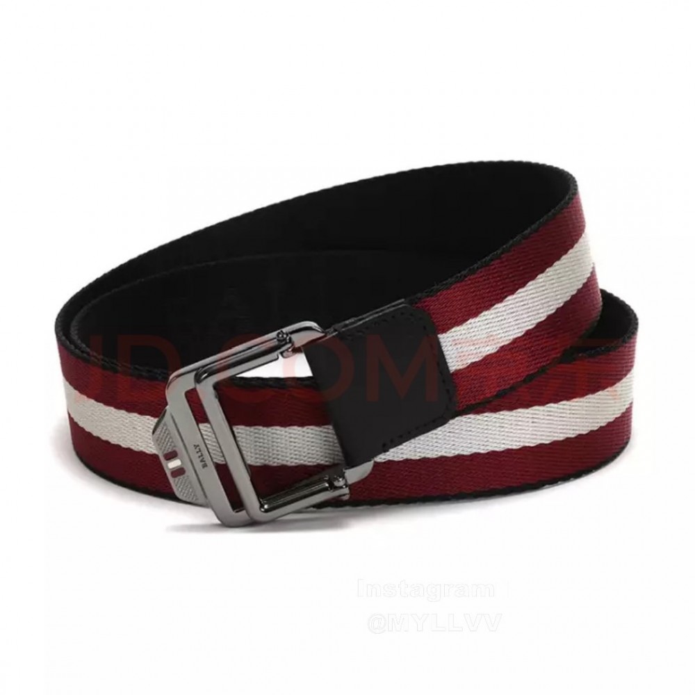 Bally Calf Leather Textile Stripe Gun Color Buckle 35mm Belt Red