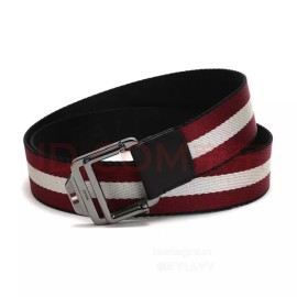 Bally Calf Leather Textile Stripe Gun Color Buckle 35mm Belt Red