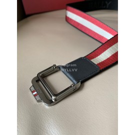 Bally Calf Leather Textile Stripe Gun Color Buckle 35mm Belt Red