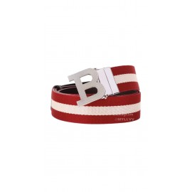 Bally Tamal Calf Leather Textile Stripe B Buckle Belt Red