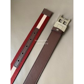 Bally Tamal Calf Leather Textile Stripe B Buckle Belt Red