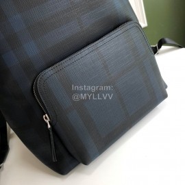 Burberry Fashion Plaid Cowhide Commuter Backpack Blue