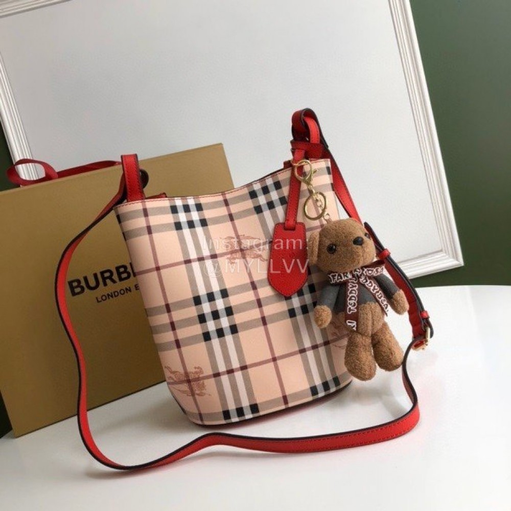Burberry Simple Checkered Cowhide Slung Bucket Bag Red