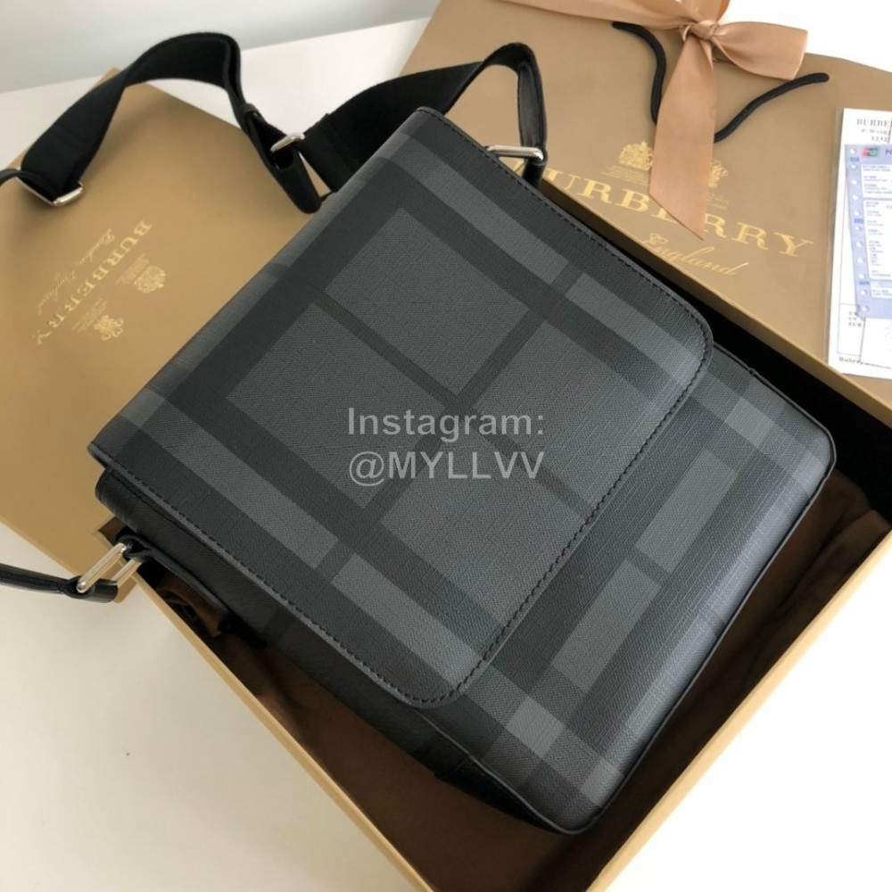 Burberry Fashion Plaid Leather Messenger Bag Gray