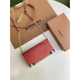 Burberry Fashion Plaid Leather Chain Bag For Women Rose Red