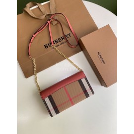 Burberry Fashion Plaid Leather Chain Bag For Women Rose Red