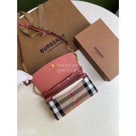 Burberry Fashion Plaid Leather Chain Bag For Women Rose Red